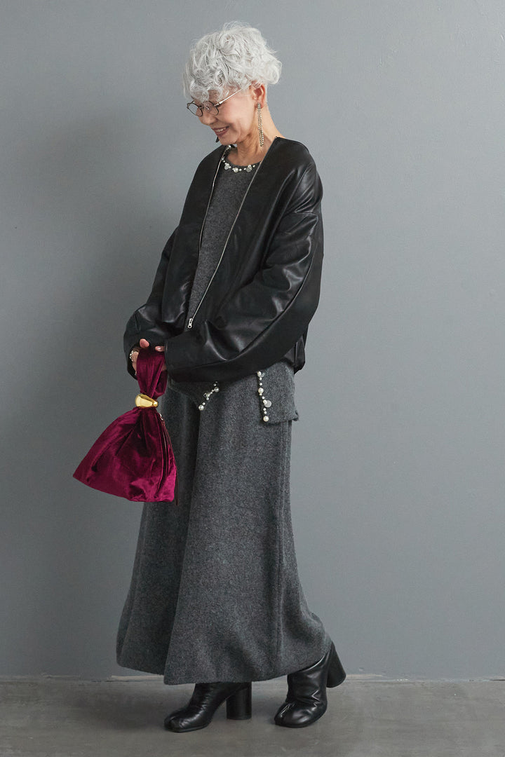 【SET】ビジューニットセットアップ+ラウンドシルエットエコレザーノーカラージャケット(2set)