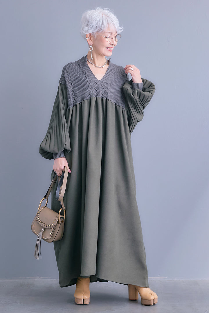 【予約】コーデュロイ×ニットコンビキーネックワンピース