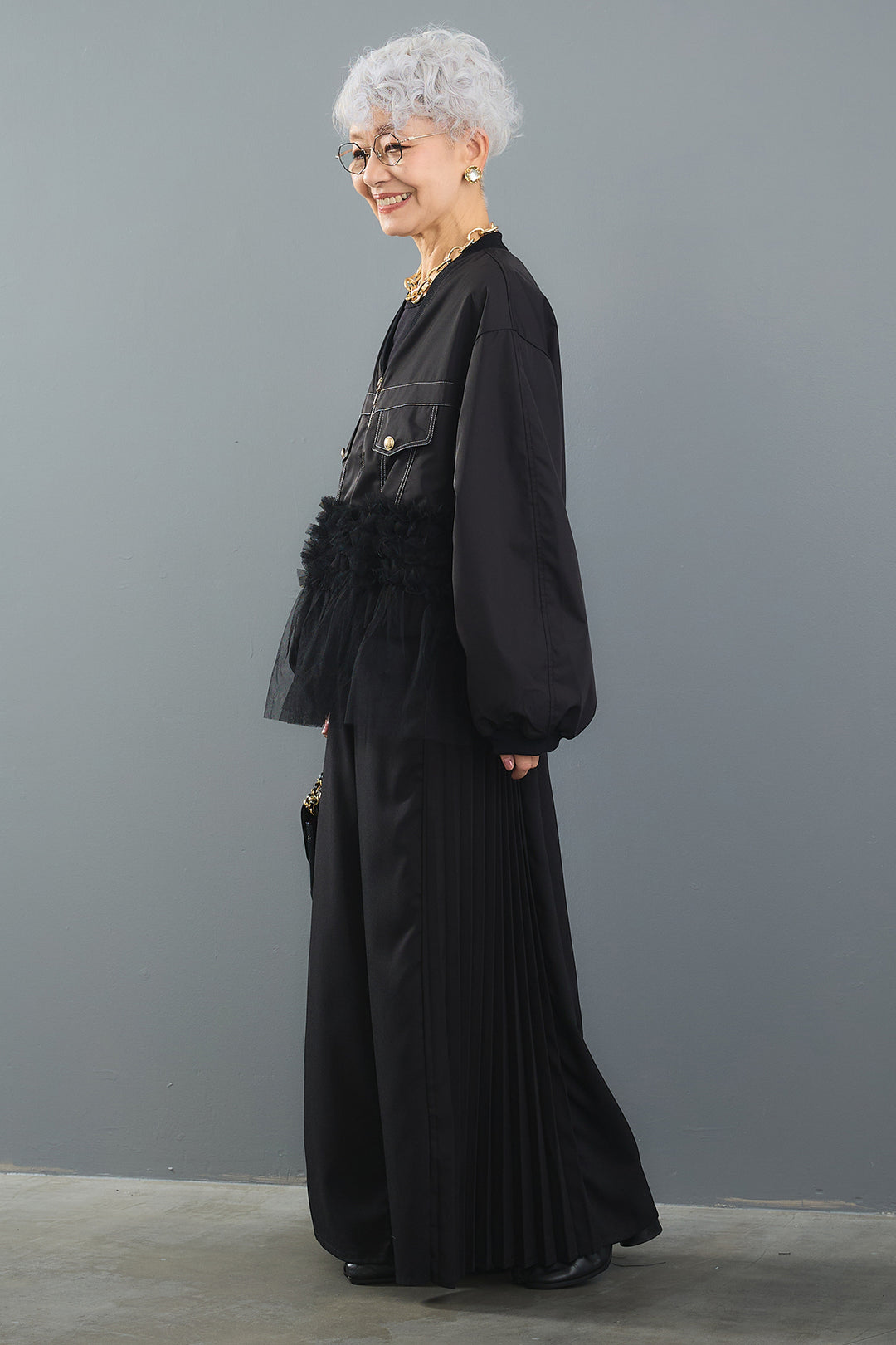 【SET】チュールドッキングブルゾン+サイドプリーツワイドパンツ(2set)