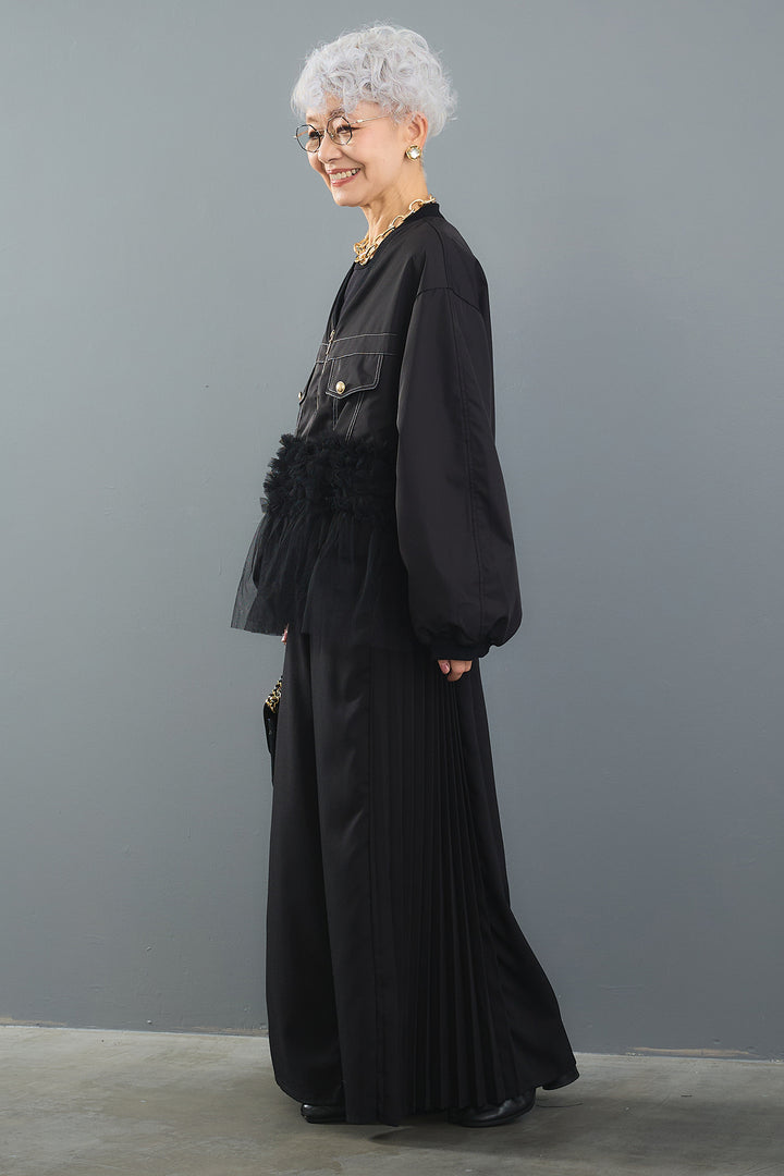 【SET】チュールドッキングブルゾン+サイドプリーツワイドパンツ(2set)