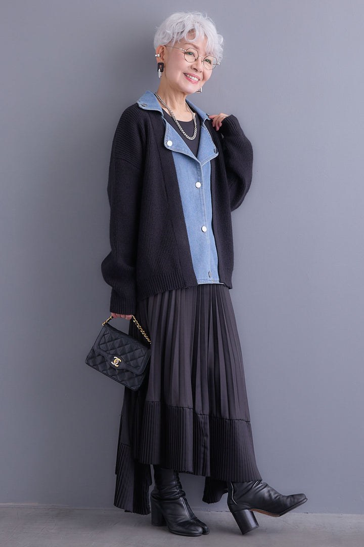 【SET】デニムライダースニットカーディガン+アシンメトリープリーツスカート(2set)