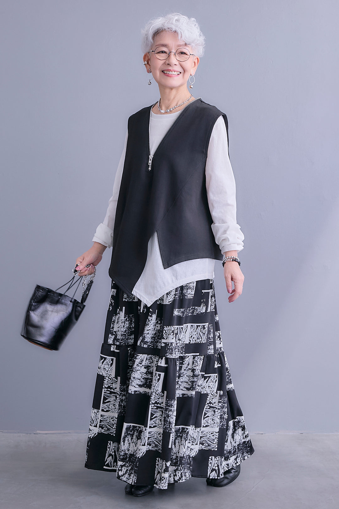 【SET】ZIPオープンVネックベスト+アシメロンT+スズランモノトーンフレアスカート(2set)