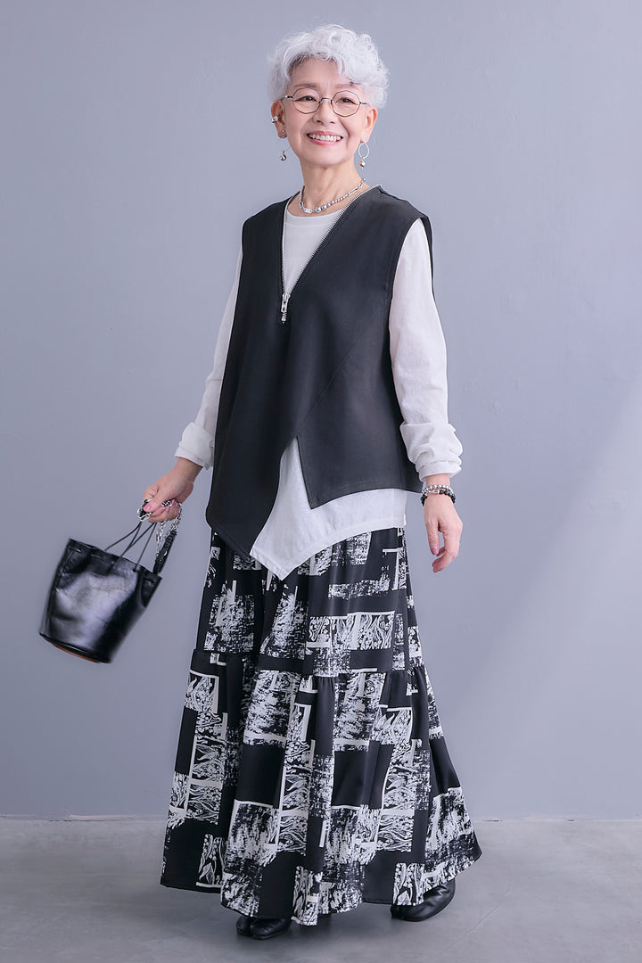 【SET】ZIPオープンVネックベスト+アシメロンT+スズランモノトーンフレアスカート(2set)