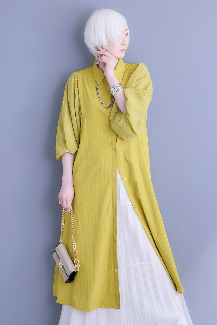 【SET】バルーンスリーブシャツワンピース+2WAYラメサテンプリーツ×シアーティアードチュールスカート(2set)