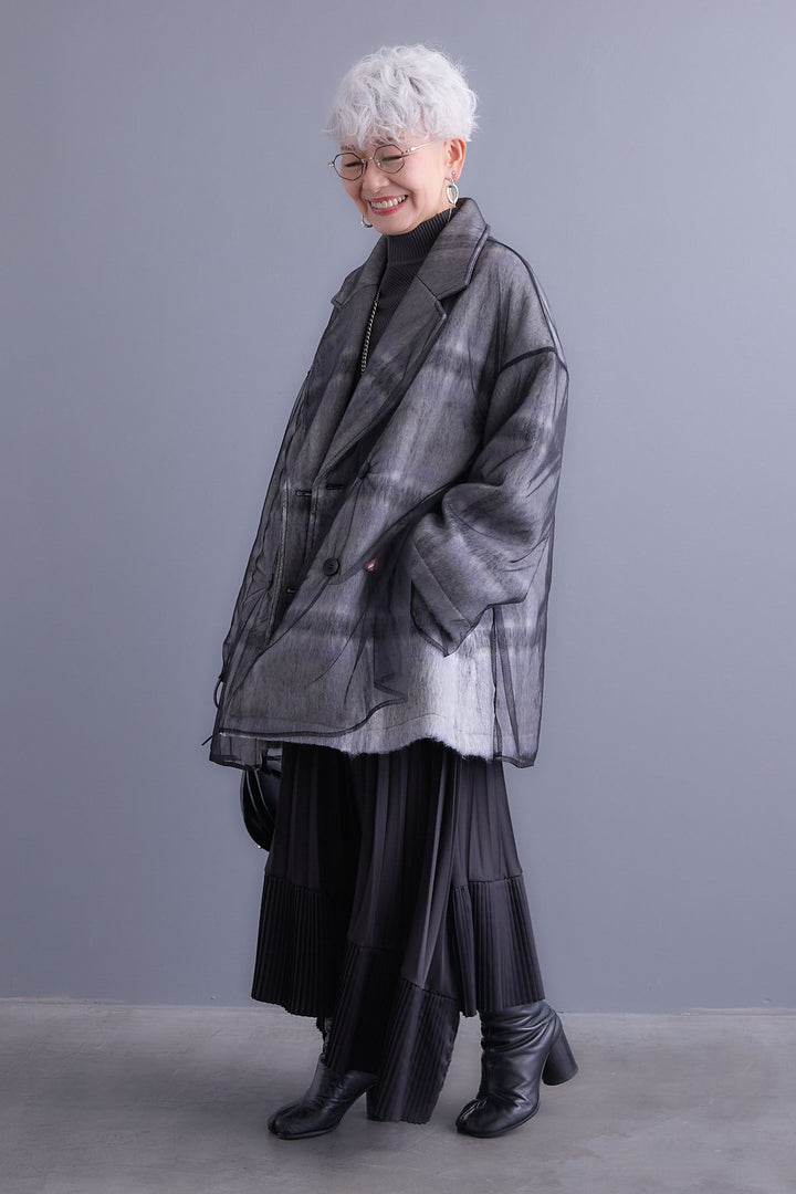 【SET】アシンメトリーオーバーニット+チュールレイヤードシャギーチェックコート+アシンメトリープリーツスカート(3set)