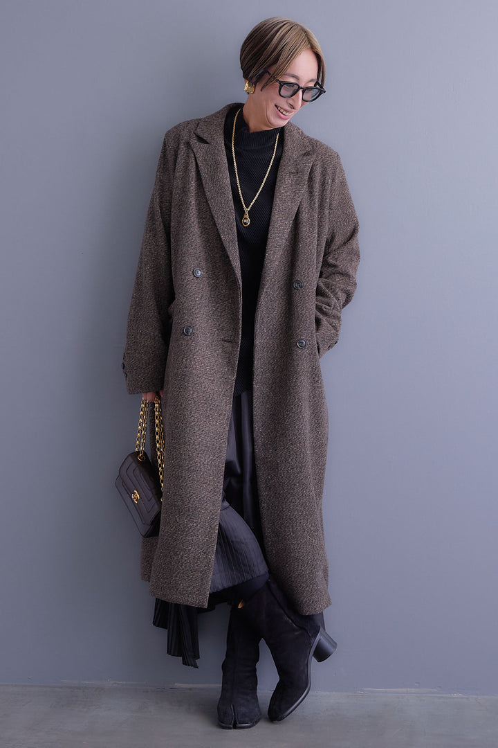 【SET】アシンメトリーオーバーニット+ツイードロングチェスターコート+アシンメトリープリーツスカート(3set)