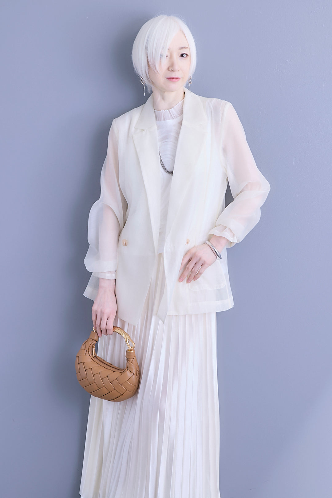 【SET】シアーポプリンダブルテーラードジャケット+ウェーブモチーフスタンドネックブラウス+2WAYラメサテンプリーツ×シアーティアードチュールスカート(3set)