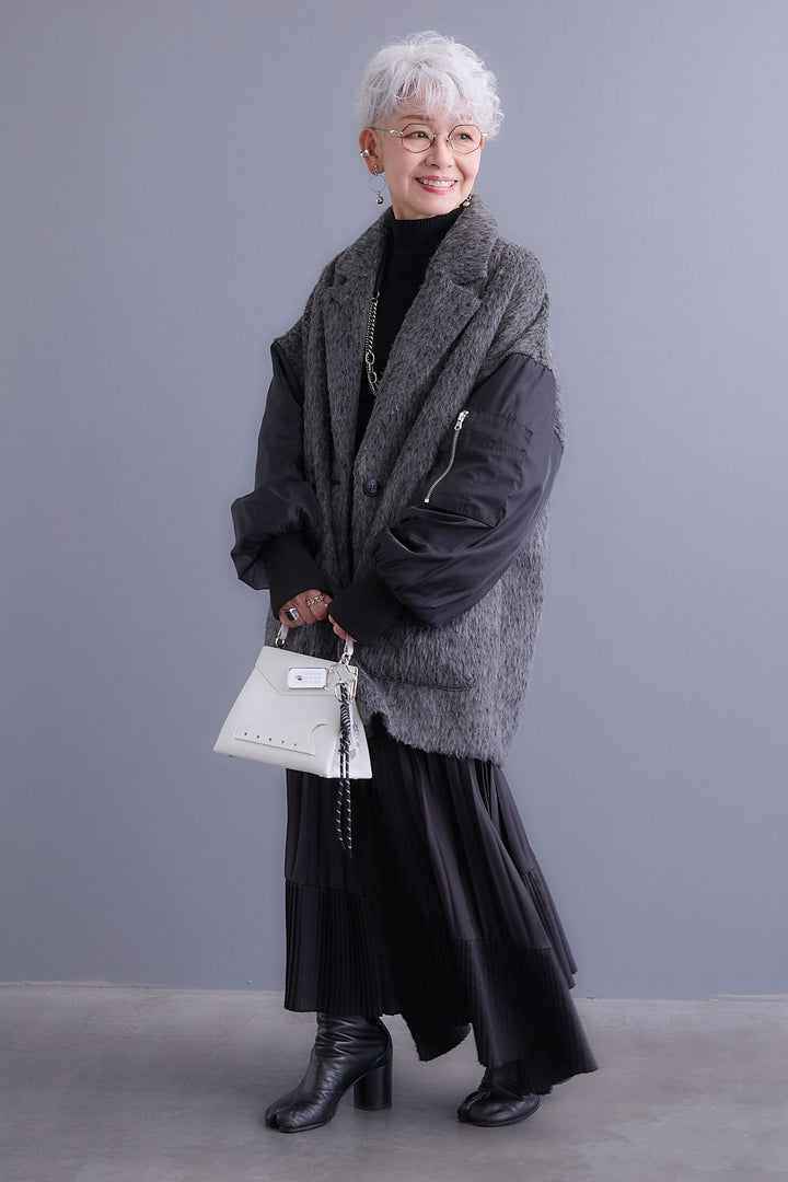 【新色追加】【SET】アシンメトリーオーバーニット+チュールレイヤードMA-1シャギーオーバーコート+アシンメトリープリーツスカート(3set)