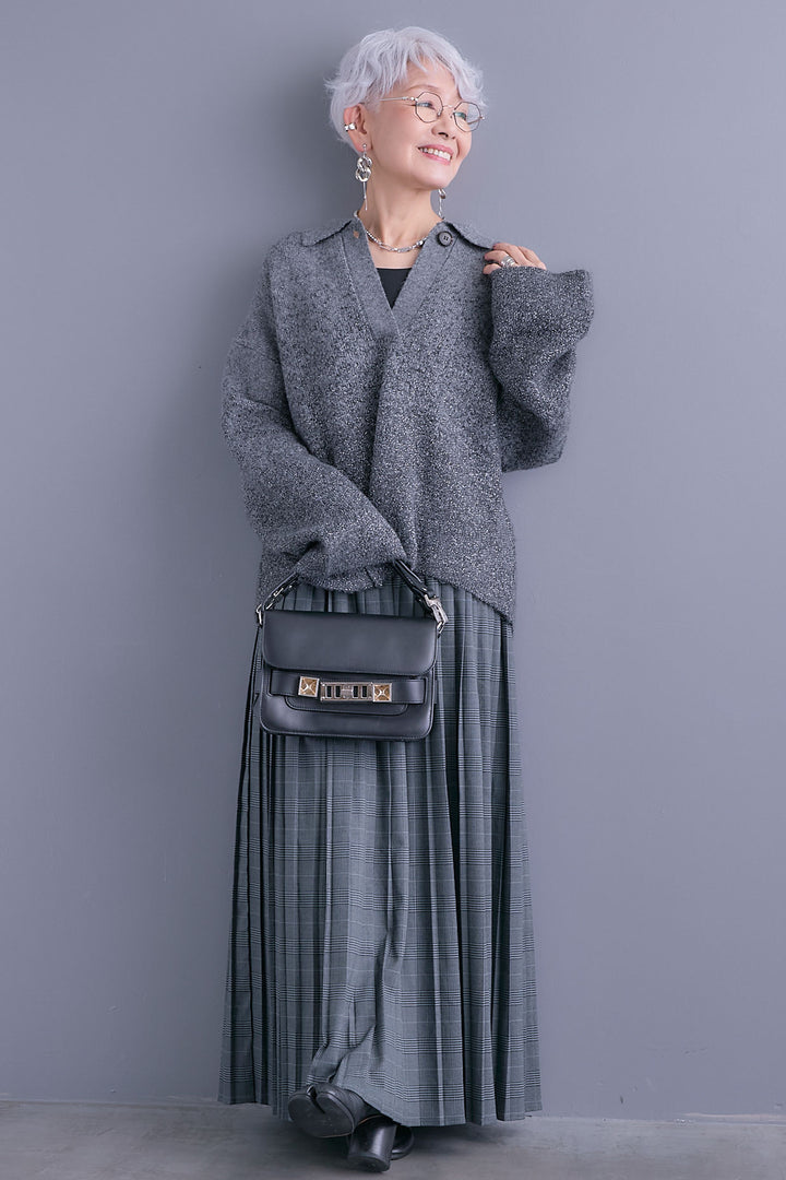 【SET】グラデーションラメキーネックニット+グレンチェックプリーツスカート(2set)