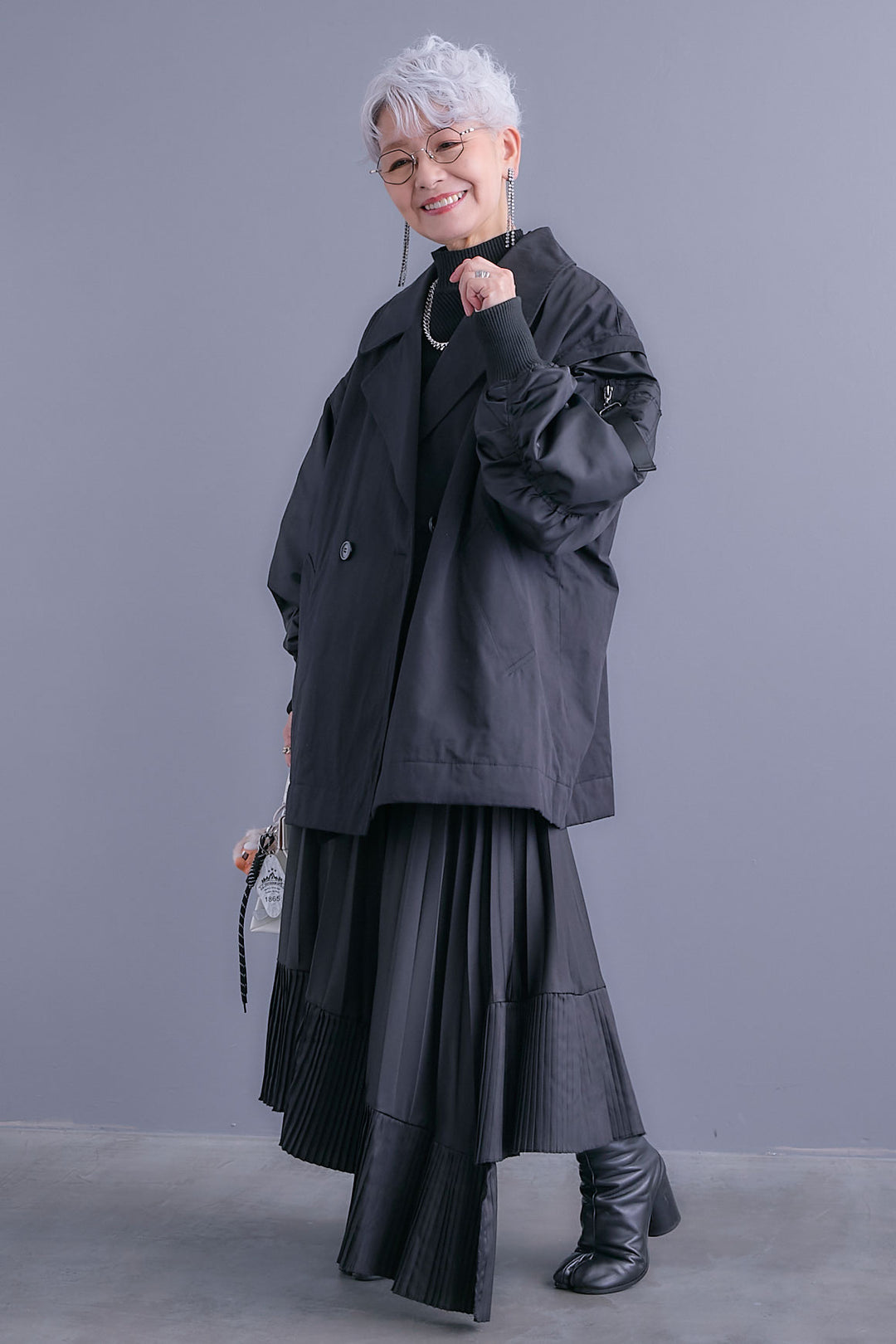 【SET】アシンメトリーオーバーニット+シャーリングMA-1オーバートレンチ【2WAY】+アシンメトリープリーツスカート(3set)