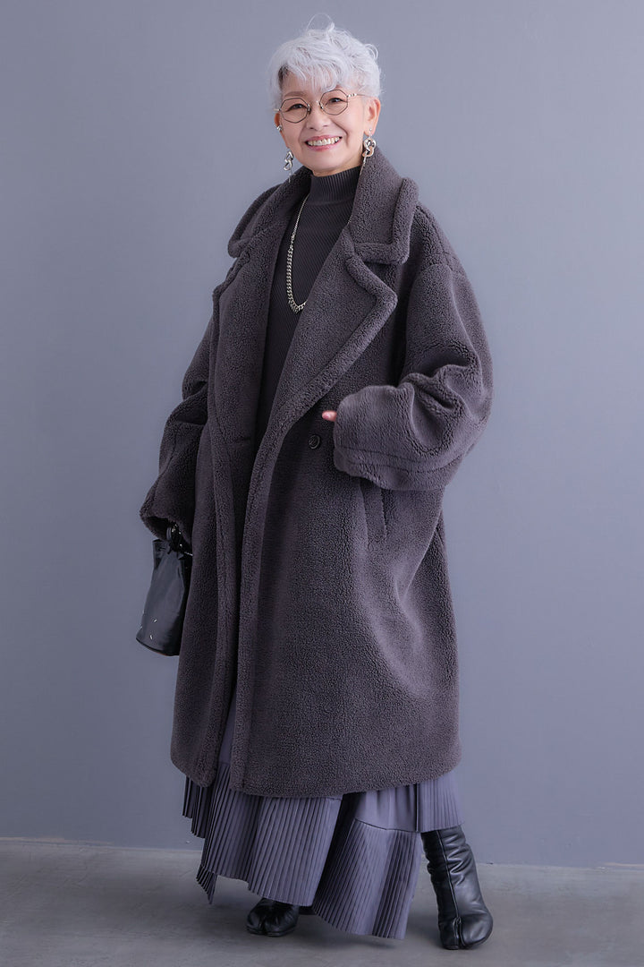 【SET】アシンメトリーオーバーニット+テディボアロングコート+アシンメトリープリーツスカート(3set)