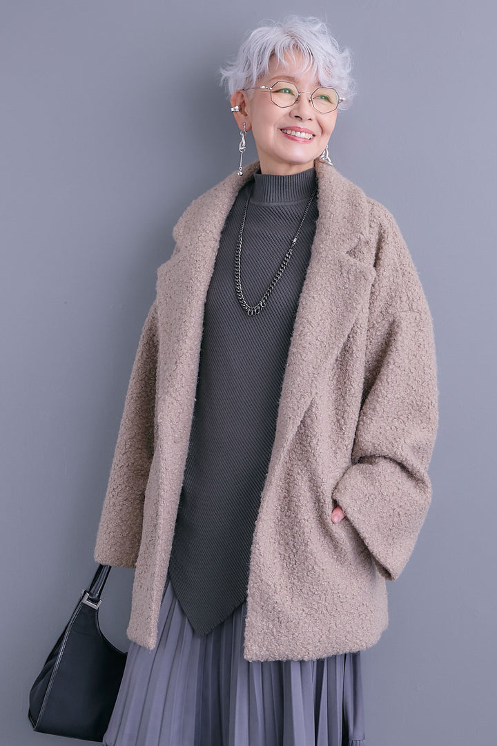 【SET】アシンメトリーオーバーニット+ブークレーテーラードコート+アシンメトリープリーツスカート(3set)