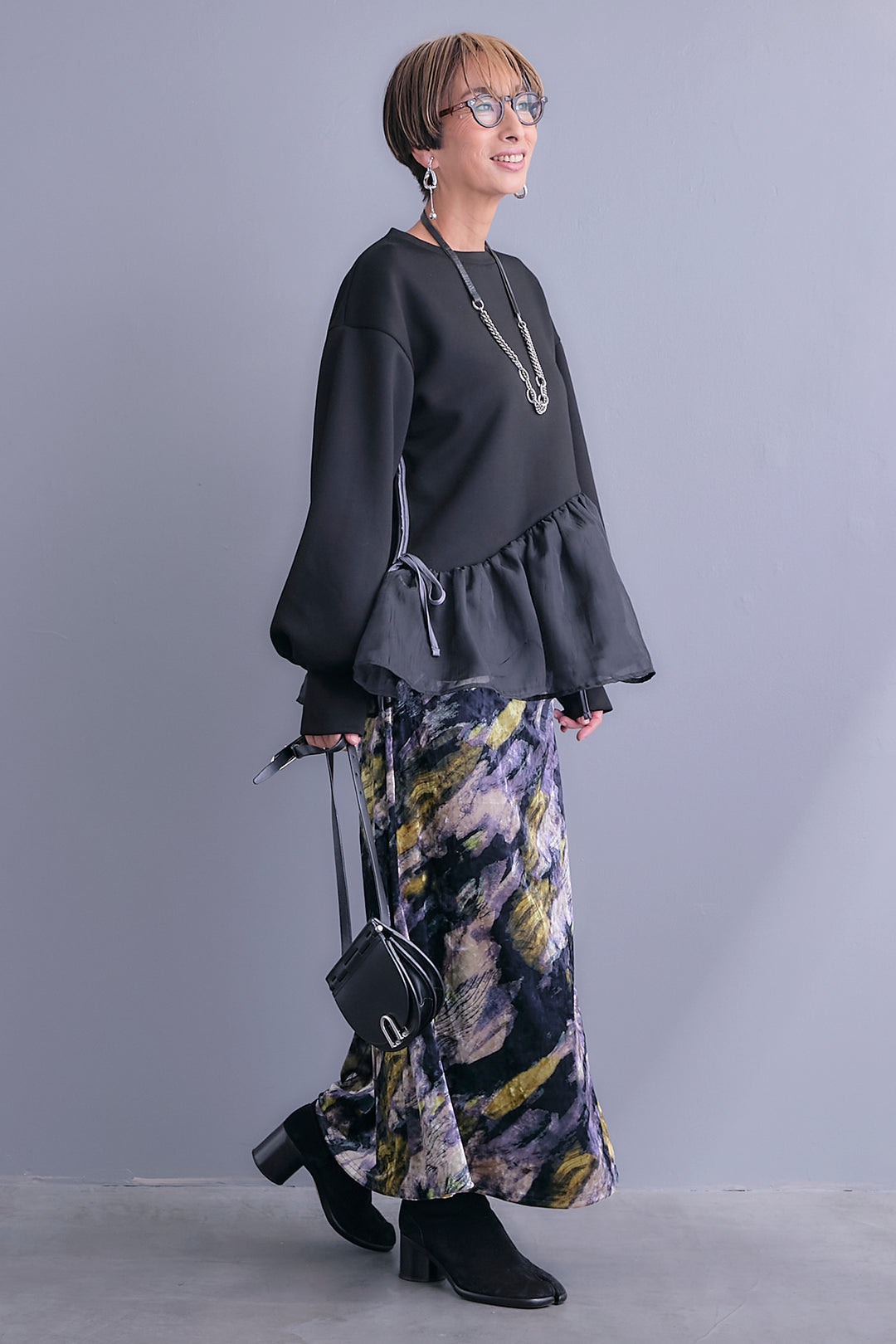 【SET】アシメペプラムオーガンジートップス+ベロアニュアンスアートスカート(2set)