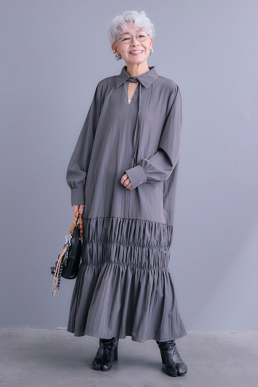 【予約】コードキーネックシャーリングデザインワンピース