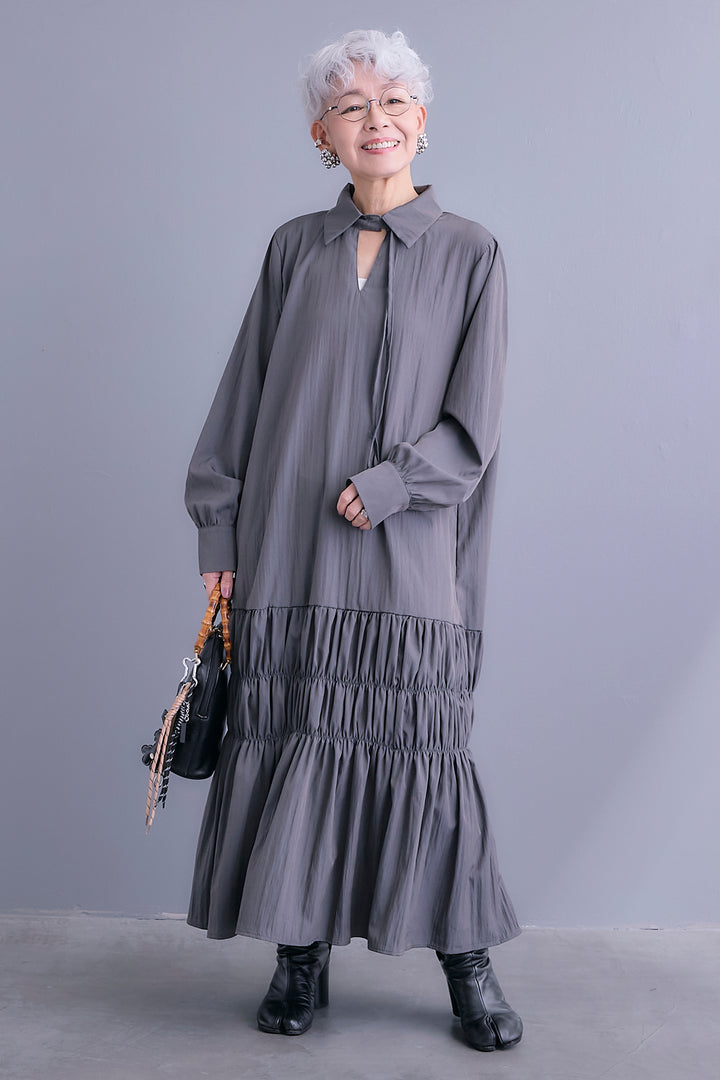 【予約】コードキーネックシャーリングデザインワンピース