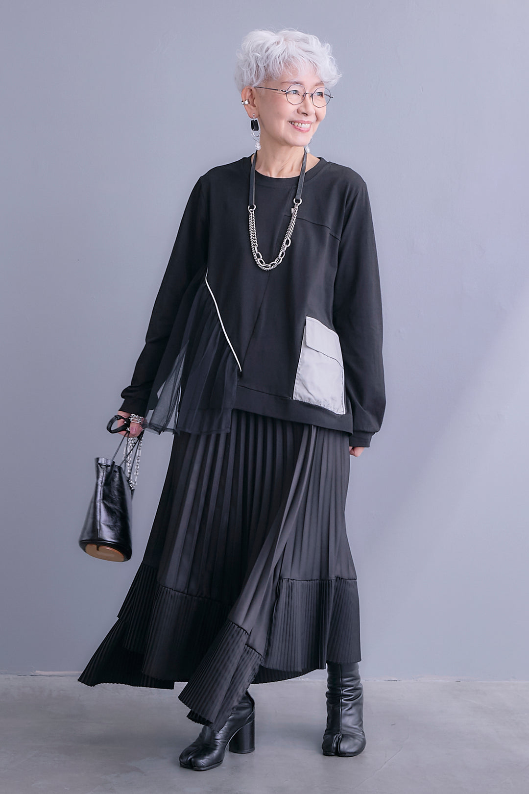 【SET】チュールギャザーアシメポケットプルオーバー+アシンメトリープリーツスカート(2set)