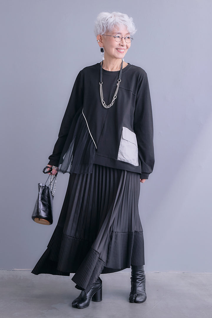 【SET】チュールギャザーアシメポケットプルオーバー+アシンメトリープリーツスカート(2set)