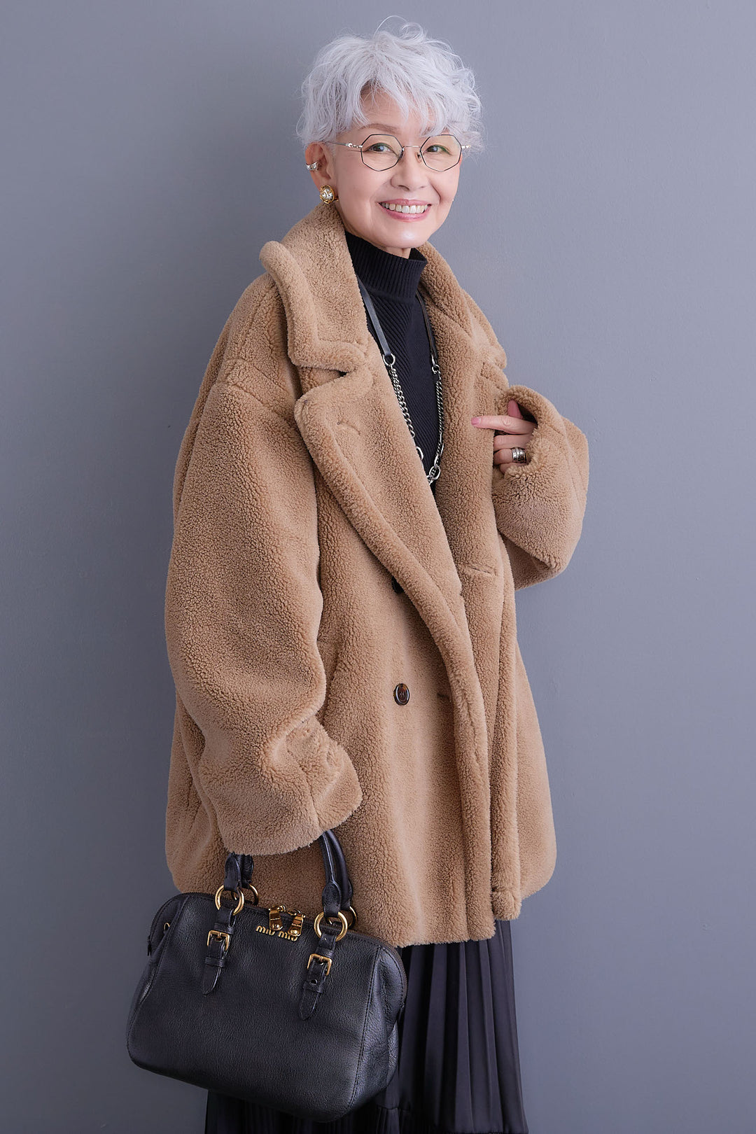 【SET】アシンメトリーオーバーニット+テディボアミディコート+アシンメトリープリーツスカート(3set)