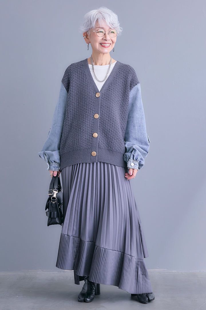 【予約】デニムスリーブニットオーバーカーデ