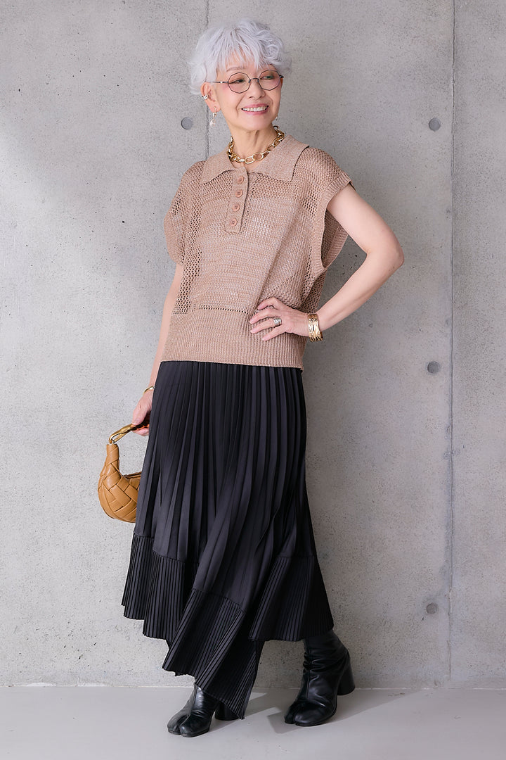 【SET】リネンライクメッシュニット+アシンメトリープリーツスカート(2set)