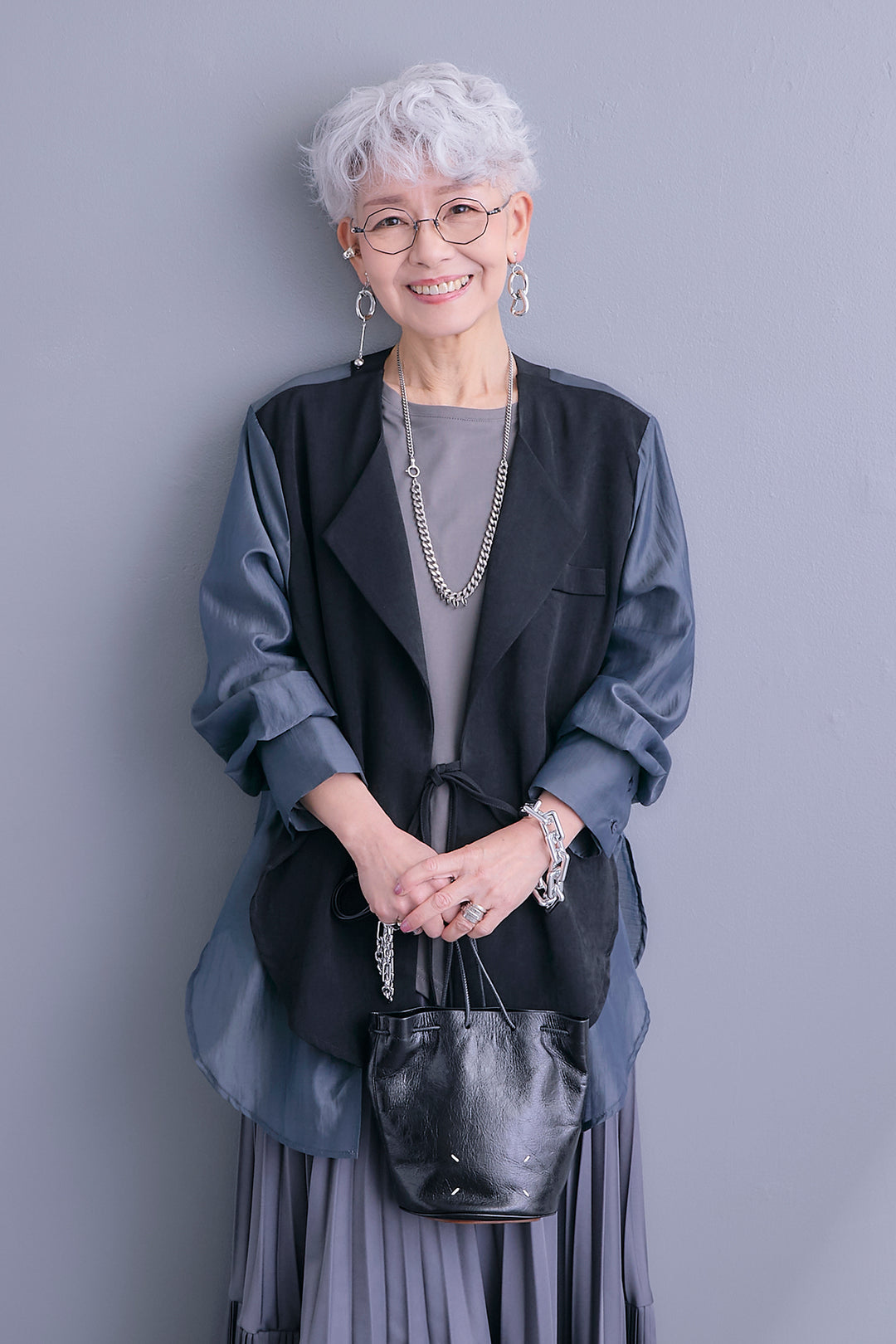 【SET】シアーシャツドッキングジャケット+アシンメトリーロンT+アシンメトリープリーツスカート(3set)