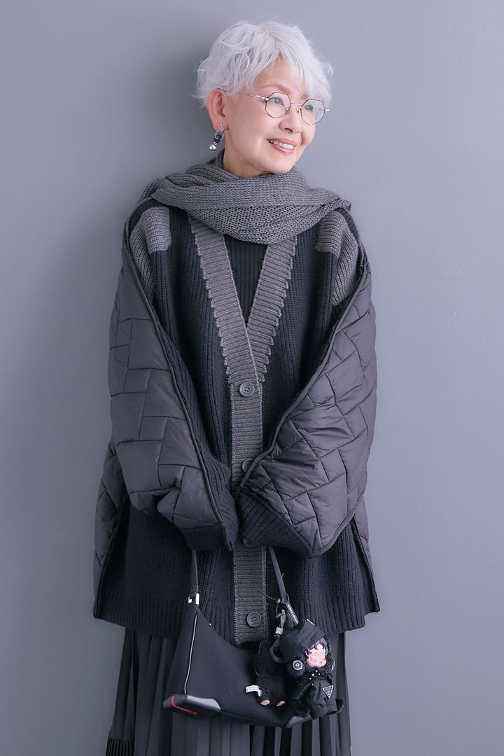 【SET】バックキルティングローゲージニットカーディガン【ストール付き】+アシンメトリープリーツスカート(2set)