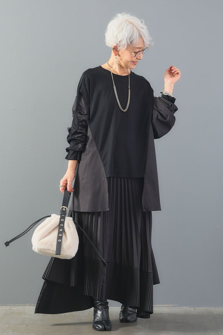 【SET】シャーリングスリーブバックロングプルオーバー+アシンメトリープリーツスカート(2set)