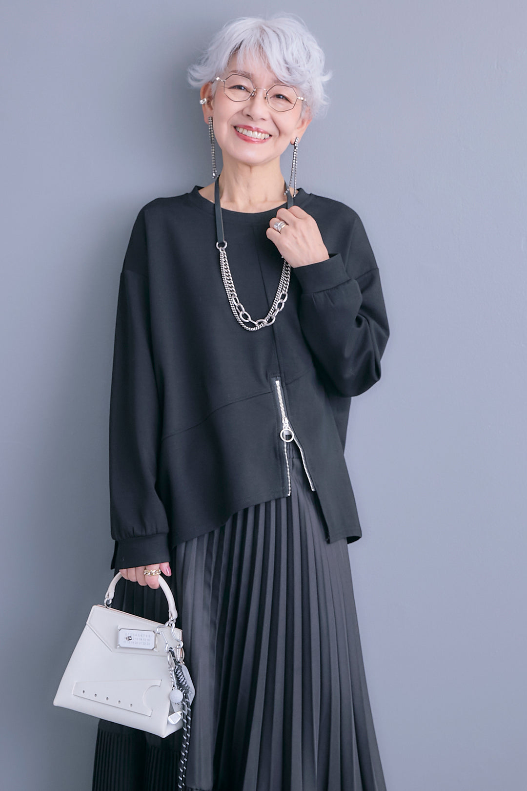 【SET】アシメリングZIPデザインプルオーバー+アシンメトリープリーツスカート(2set)