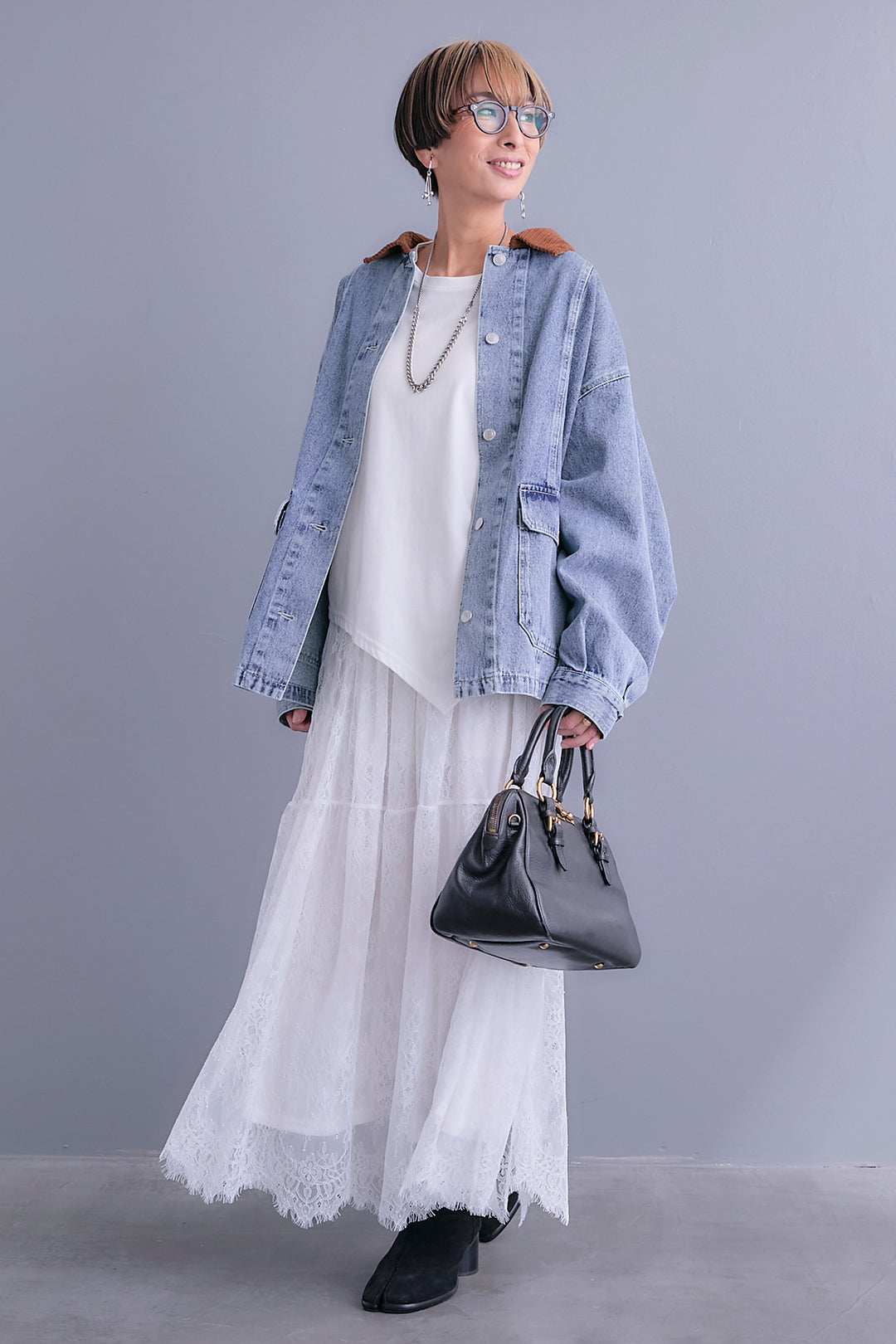 【SET】コーデュロイカラー10ozデニムジャケット+アシンメトリーロンT+アイラッシュレースロングスカート(3set)