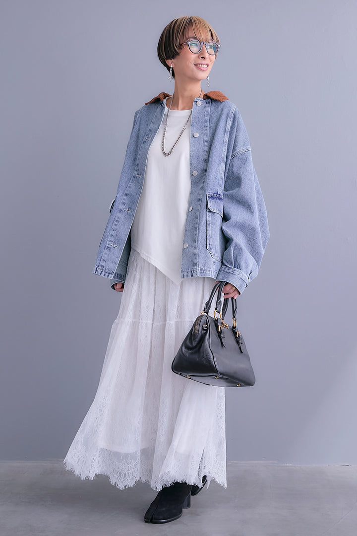 【SET】コーデュロイカラー10ozデニムジャケット+アシンメトリーロンT+アイラッシュレースロングスカート(3set)