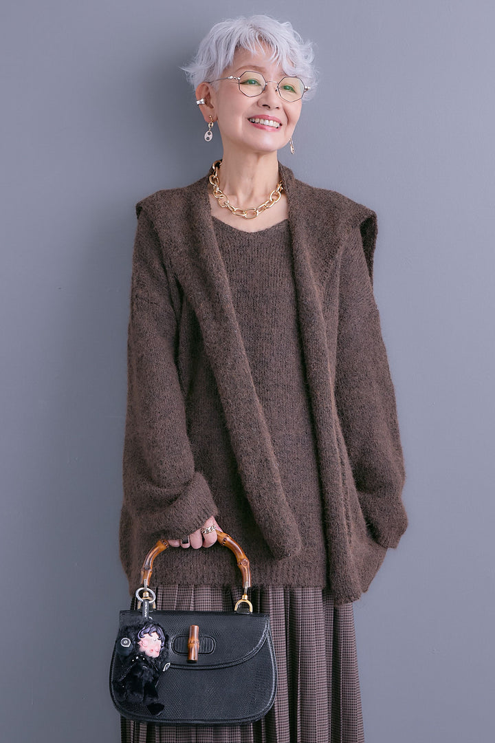 【SET】カーデケープVネックニット+グレンチェックプリーツスカート(2set)