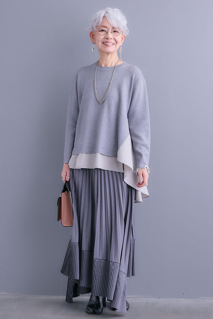 【SET】アシンメトリードレープレイヤードニット+アシンメトリープリーツスカート(2set)