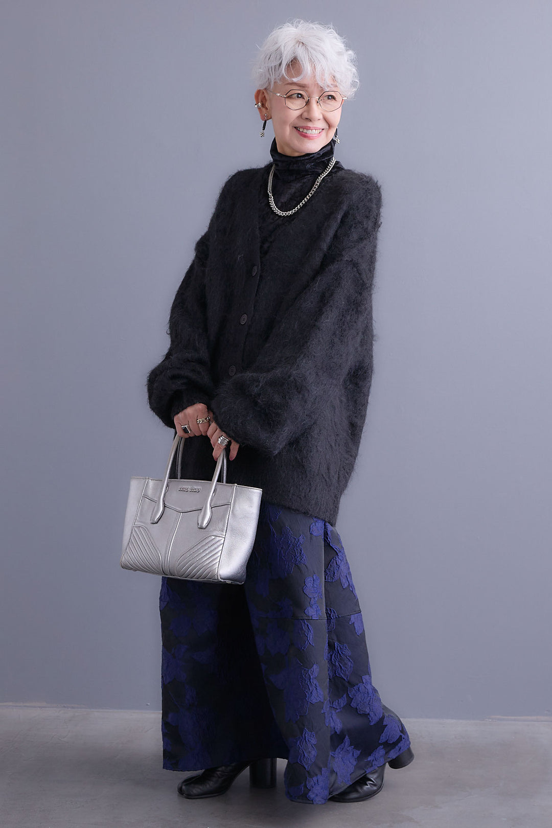 【SET】クラッシュベロアハイネックシアートップス+シャギーVネックニットカーディガン+ジャガードフラワースカート(3set)