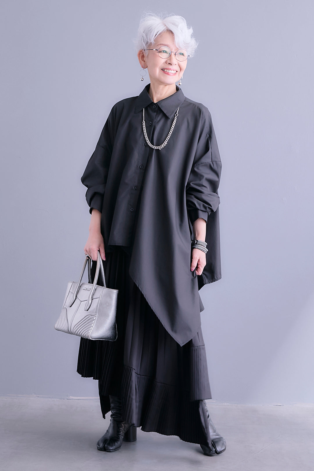 【SET】アシンメトリーロングシャツ+アシンメトリープリーツスカート(2set)