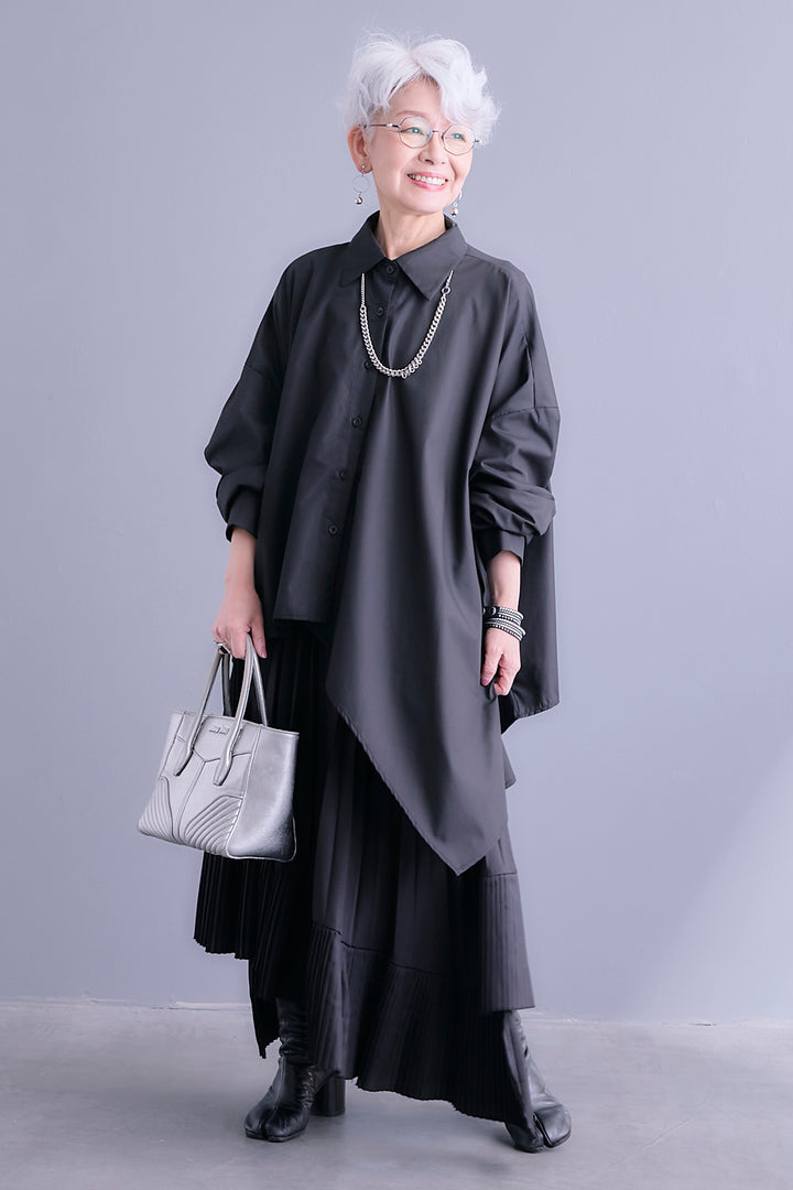 【SET】アシンメトリーロングシャツ+アシンメトリープリーツスカート(2set)