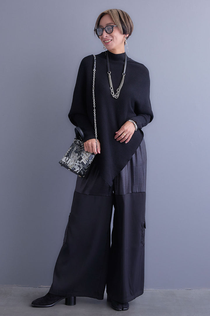 【SET】アシンメトリーオーバーニット+パテントデザインワイドパンツ(2set)