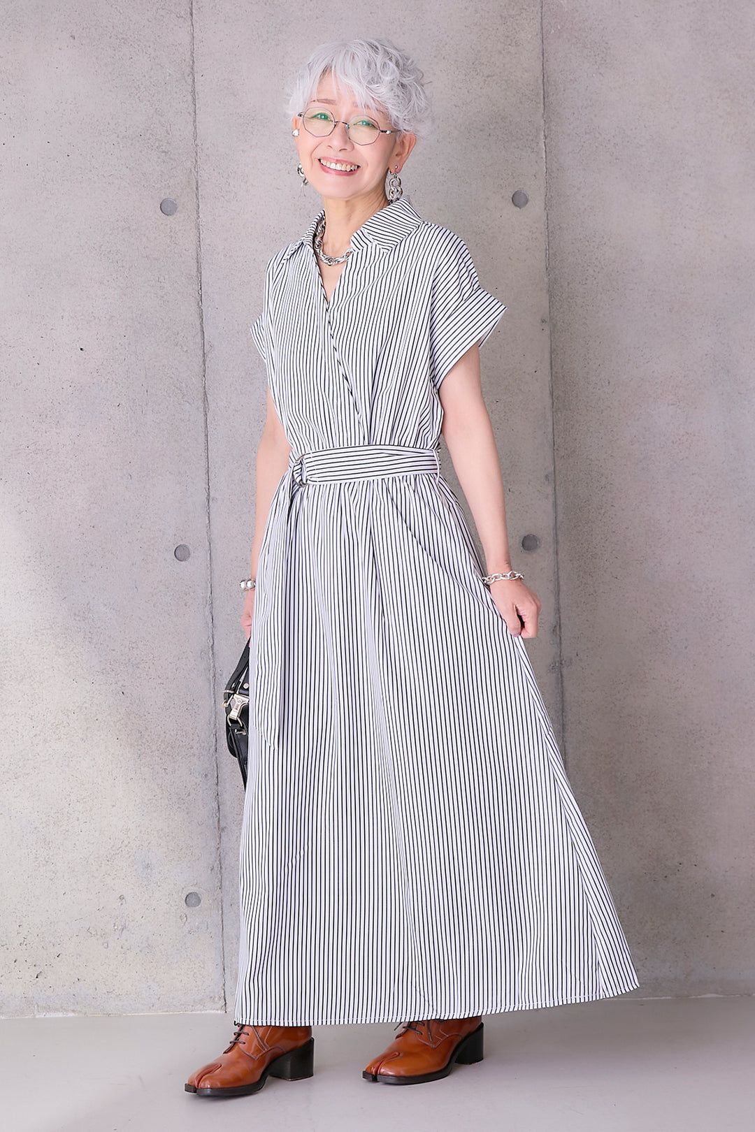 【予約】ストライプスキッパーカシュクールワンピース