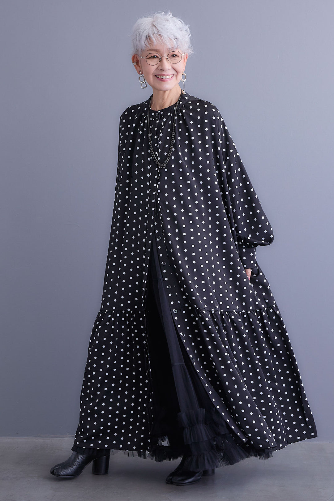 【SET】ボリュームスリーブバックシャンワンピース+フリルチュールティアードスカート(2set)