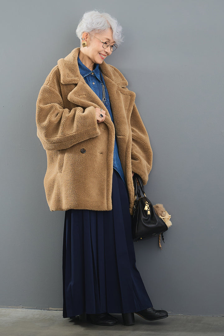 【SET】ヴィンテージアシンメトリーデニムシャツ+テディボアミディコート+デニムドッキングプリーツスカート(3set)