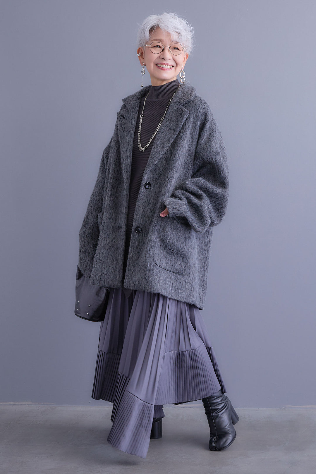 【SET】アシンメトリーオーバーニット+シャギーテーラードコート+アシンメトリープリーツスカート(3set)