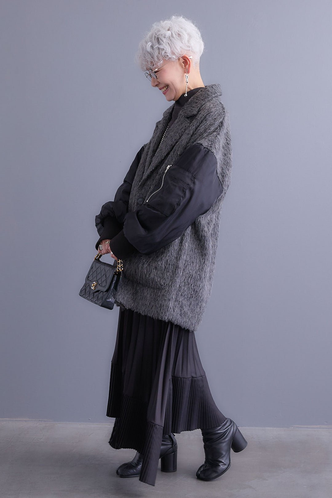 【新色追加】【SET】アシンメトリーオーバーニット+チュールレイヤードMA-1シャギーオーバーコート+アシンメトリープリーツスカート(3set)