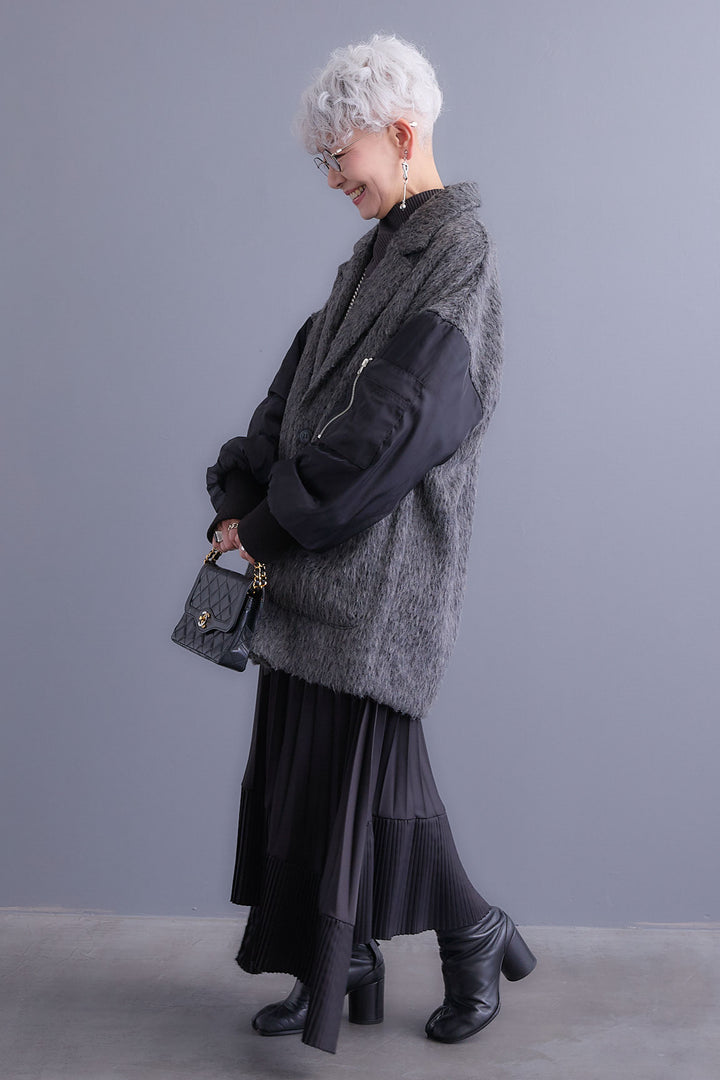 【新色追加】【SET】アシンメトリーオーバーニット+チュールレイヤードMA-1シャギーオーバーコート+アシンメトリープリーツスカート(3set)