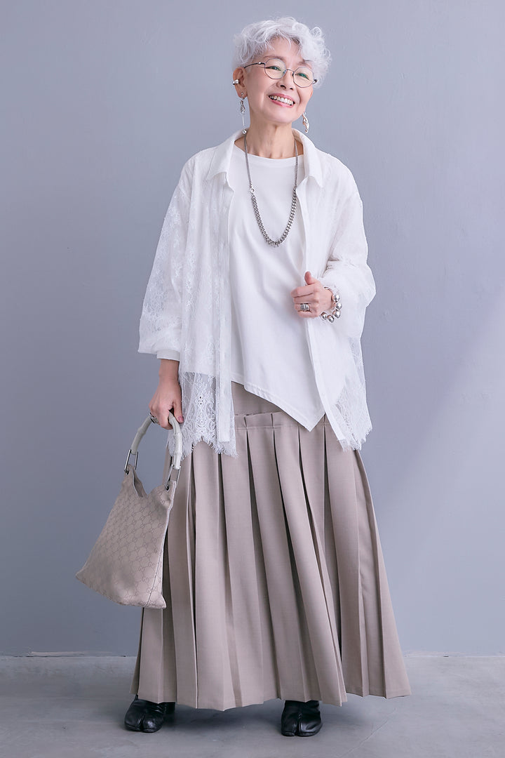 【SET】アイラッシュレースボリュームスリーブシャツ+アシンメトリーロンT+ボックスプリーツロングスカート(3set)