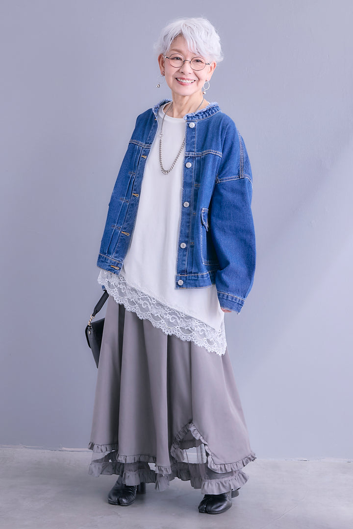 【SET】ノーカラーオーバーサイズデニムジャケット+ヘムレースアシメロンT+ヘムチュールレイヤードフリルスカート(3set)