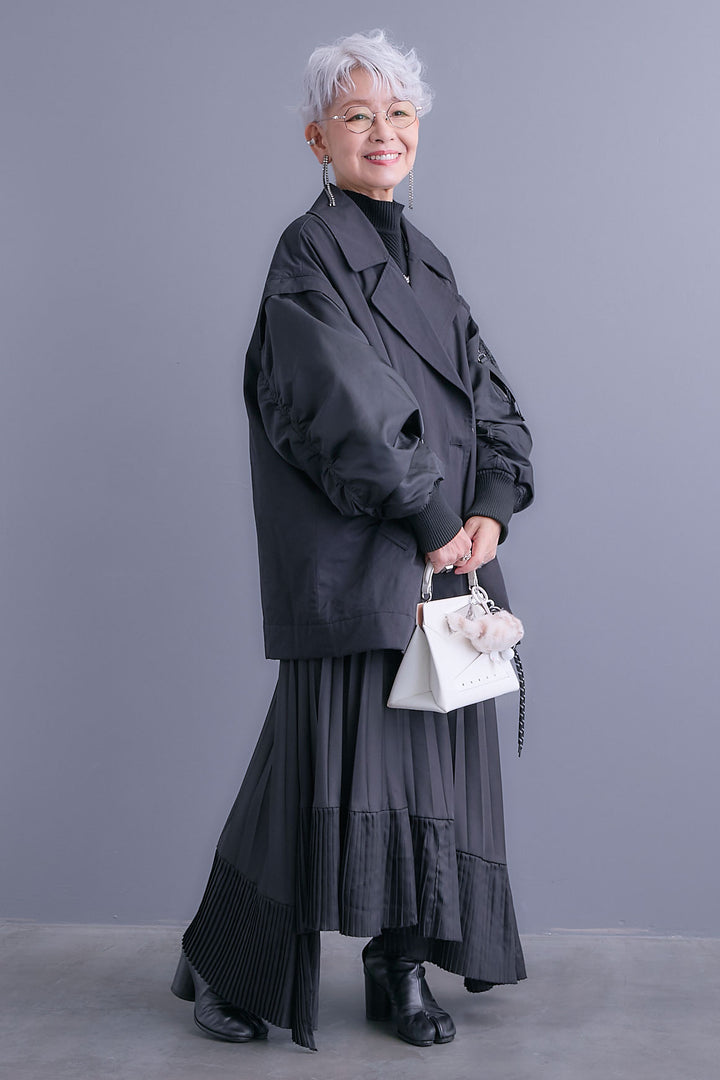 【SET】アシンメトリーオーバーニット+シャーリングMA-1オーバートレンチ【2WAY】+アシンメトリープリーツスカート(3set)