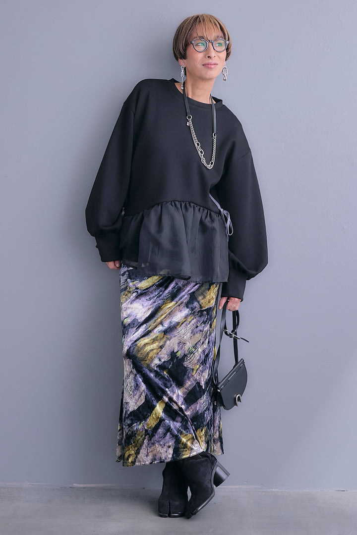 【SET】アシメペプラムオーガンジートップス+ベロアニュアンスアートスカート(2set)