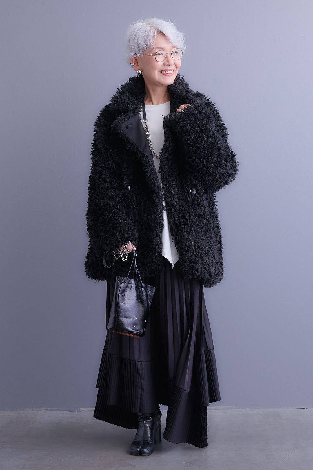 【SET】アシンメトリーロンT+プードルボア2WAYカラーコート+アシンメトリープリーツスカート(3set)