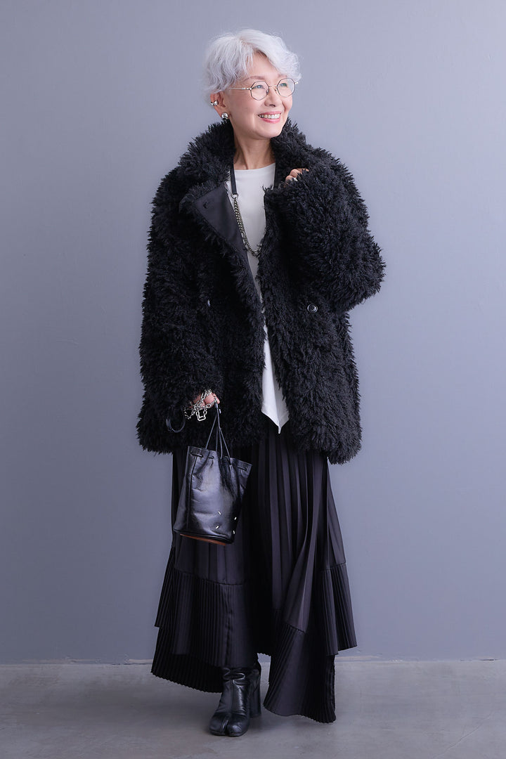 【SET】アシンメトリーロンT+プードルボア2WAYカラーコート+アシンメトリープリーツスカート(3set)