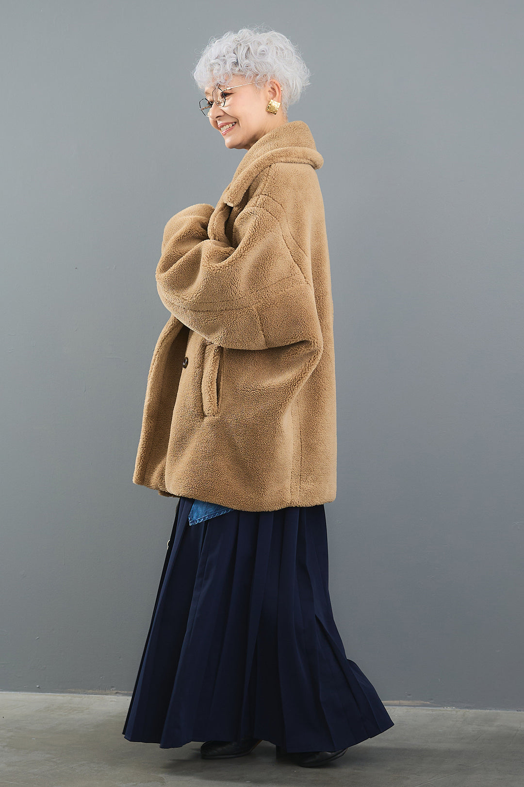 【SET】ヴィンテージアシンメトリーデニムシャツ+テディボアミディコート+デニムドッキングプリーツスカート(3set)