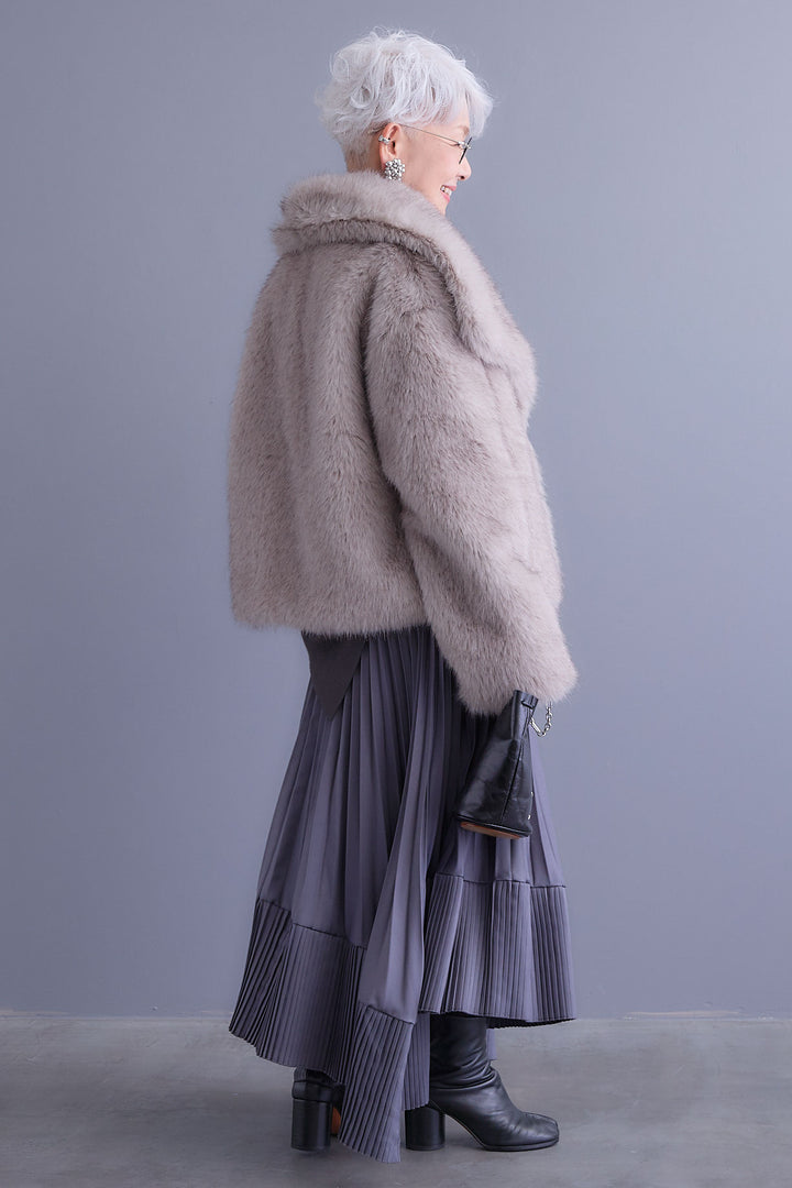 【SET】アシンメトリーオーバーニット+オーバーカラーファーコート+アシンメトリープリーツスカート(3set)